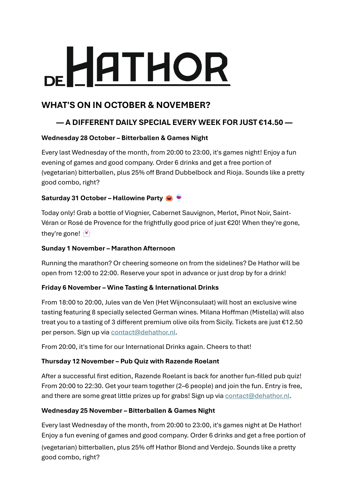 Programm von DE HATHOR für Oktober–November 2026